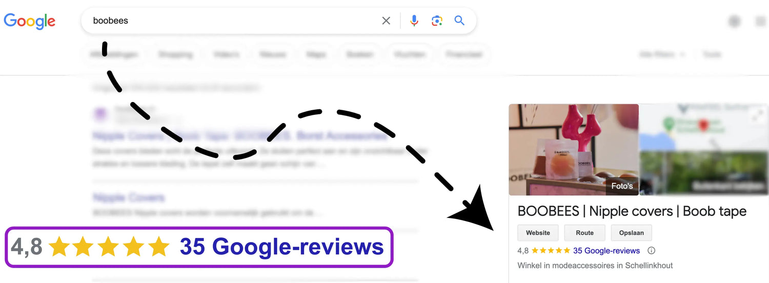 Google reviews, boobees recensies, tepelcover en boob tape reacties van klanten, 35 google-reviews gemiddeld 4,8 van de 5 sterren.